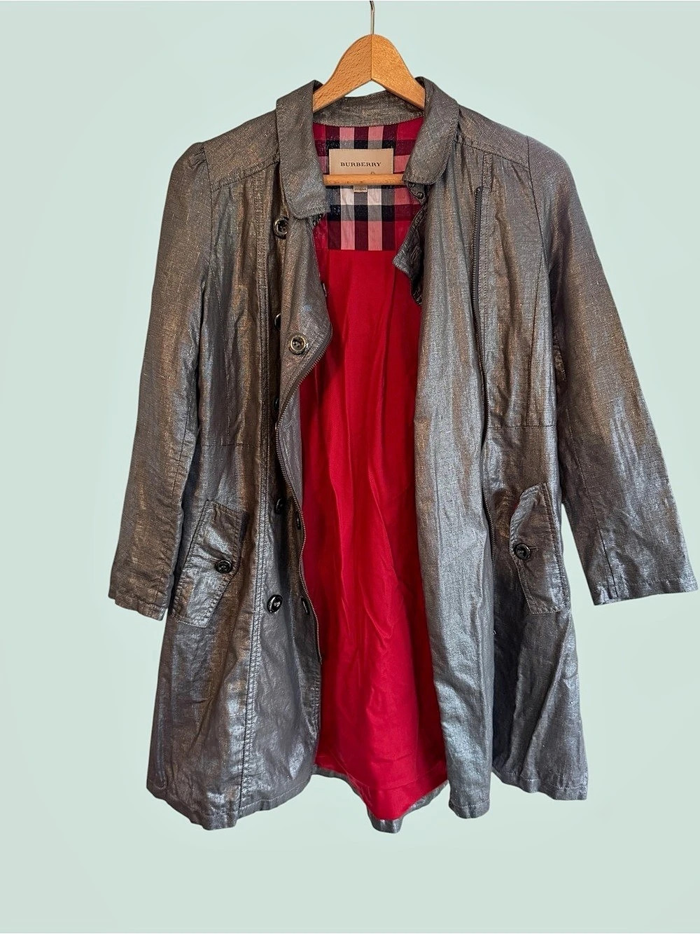 Burberry Gray metallic Plaid Lined Trench Coat 12US kids